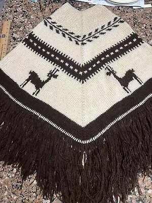 VINTAGE 70s Crochet Shawl Wrap Cape W/ Fringe Cream Brown Knit Boho Cottage Deer • $19.99