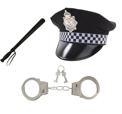 Adult Policeman Costume Set Mens Boys Steel Handcuffs Batton Hat Fancy Dress Lot • £7.95