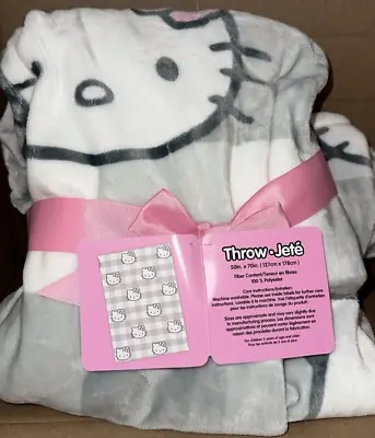 Hello Kitty Plush Throw Blanket Gray Striped With Pink Bow 50 X 70 NEW • $37.95
