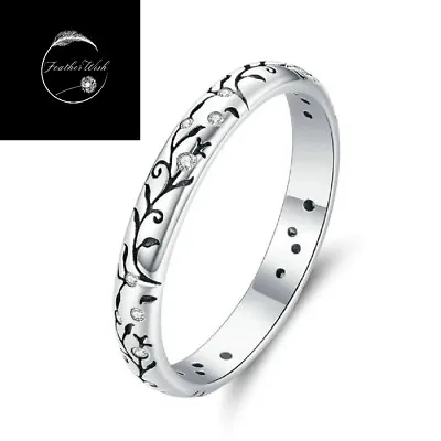 Vine Flower Band  Stackable Ring Genuine Sterling Silver 925 With Cubic Zirconia • £14.99