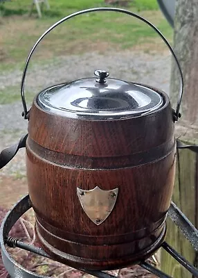 Vintage Biscuit Barrel Oak Porcelain Lining (1930s? Tobacco Jar?) Silver Plate  • $25.99