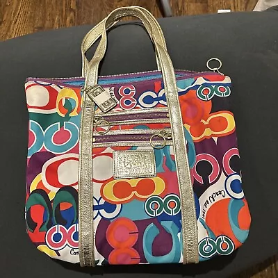 COACH POPPY POP Signature C GLAM Large Tote Multi-Color Carryall Bag Purse 13839 • $80