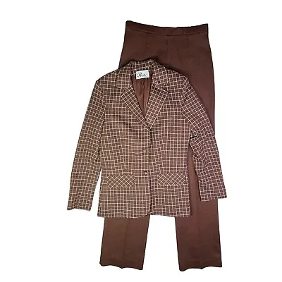 Vintage 1970s Size 12 Butte Knit Brown Suit Plaid Jacket Solid Pants Union Made • $30.59