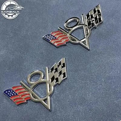 2pcs Chrome V8 Vintage USA Flag Fender Trunk Metal Emblem Badge Decals Stickers • $13.11