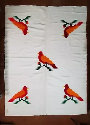 $429.99 • Buy Vtg Mexican Wool Rug Mayan Zapotec Aztec 2-Loom Blanket Redbird Cardinal 66”x86“