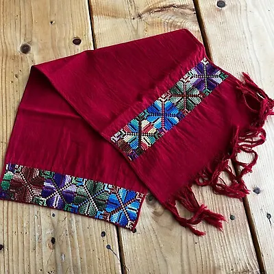 Maya Mexican Chiapas Red Rectangle Embroidered Table Runner Long Scarf 10x52In • $15