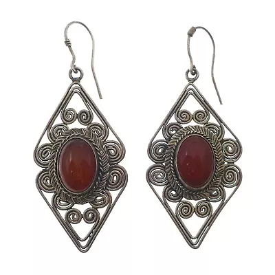 Vintage Hand Made Middle Eastern Carnelian Sterling Silver Dangle Drop Earrings • $136.50