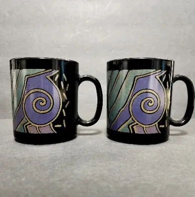 Set Of 2 ~ ARCOROC TAMPICO MUG BLACK GEOMETRIC GLASS COFFEE Tea CUP FRANCE 1980s • $19.99