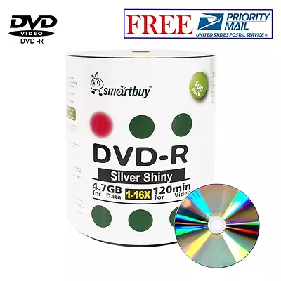 100 Pack Smartbuy Blank DVD-R 16X 4.7GB 120M Shiny Silver Top Recordable Disc • $20.24