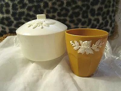 VINTAGE 2 PC. PLASTIC VANITY ACCESSORIES:  SCHWARZ BROS POWDER BOX /CUP Applique • $19.99