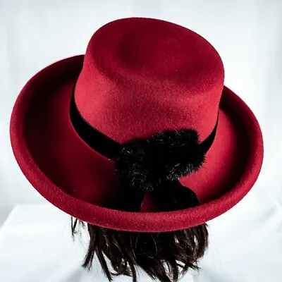 AMANDA SMITH Italy Red With Black Velvet Trim Vintage Women Bowler Hat Size 7 • $300