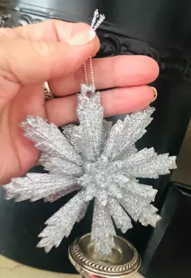 Vtg 5  Silver Glitter Plastic 3D STAR Starburst Snowflake XMAS ORNAMENT Thick • $11.95