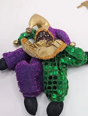 $30 • Buy Vintage Brown Skin Mardi Gras Jester Clown Ceramic Doll Purple & Green Metallic 