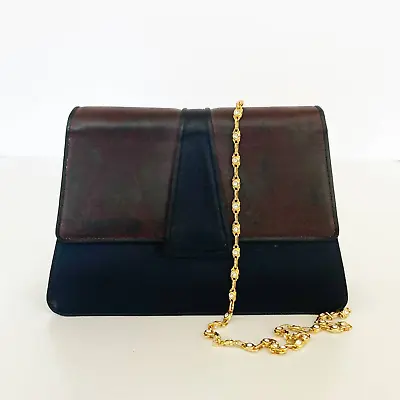 VALENTINO Garavani Vintage Black Satin Shoulder Clutch Crystal Gold Chain COA • $299