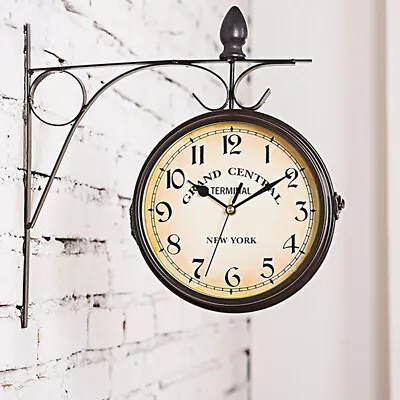 £12.94 • Buy Large Outdoor Garden Train Station Double Sided Face Wall Clock Hanging Bracket 
