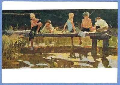 V.Leontovich 1960 Russian Postcard Village Boys Fishing Wooden Berth  • $5.88