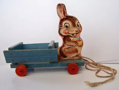 Vintage Fisher Price 404 Easter Bunny W/ Wood Cart Pull Toy Rabbit Wagon • $29.99