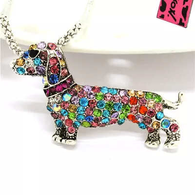 New Colorful Crystal Dachshund Dog Pendant Fashion Women Sweater Chain Necklace • $3.95