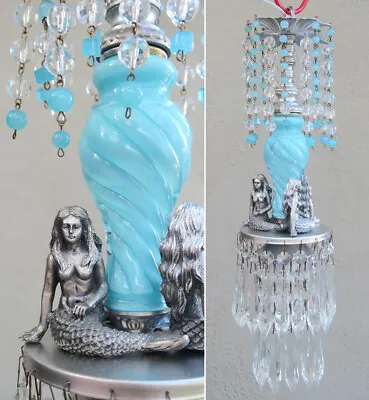 Mermaid Swag Lamp Chandelier Blue Glass Brass Silver Crystal Beads Sea Scape • $549