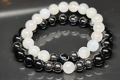 Natural Gemstone Couple Bracelet Onyx And Moonstone • $41.62