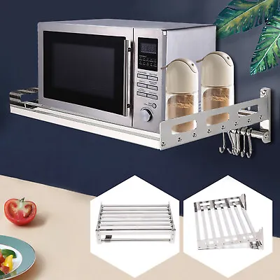 Wall Mount Microwave Oven Shelf Kitchen Item Storage Bracket W/12Hooks Stainless • $39.90
