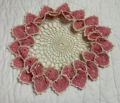 Vintage Antique Round Hand Crocheted Doily Pink & Off White Ruffled Border • $6.95
