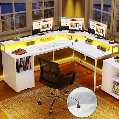 LED L Shaped Desk 67 Inch Corner Computer Desk With Power Outlets & File Drawer • $139.99