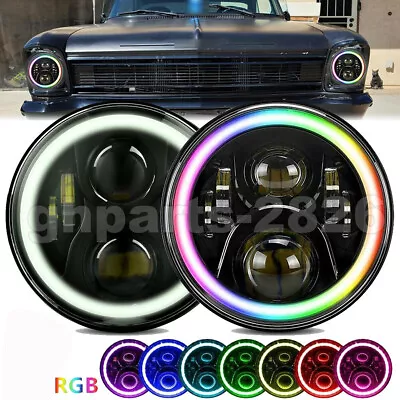 For Ford Mustang 1965-1978 Pair 7  Inch LED Headlights RGB Halo Ring Angel Eyes • $75.99