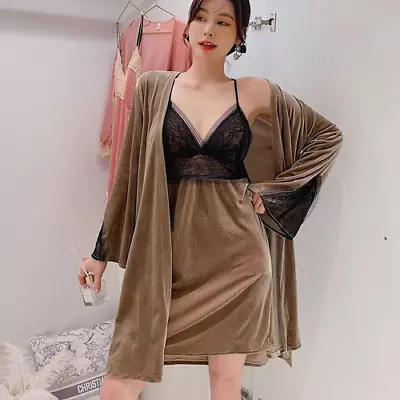 £64.75 • Buy 2 Pcs Velour Robe Sleepwear Sexy Chemise Nightgown V-Neck Lace Patchwork Gown