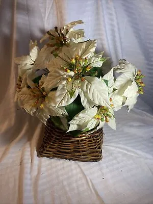 White Poinsettia Artificial Floral Arrangement 18  Tall Vintage In Basket • $10