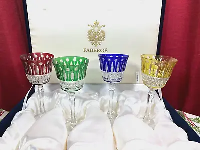 Faberge Multicolored Crystal Wine Glasses Set Of 4 W/ Case - Unique And Rare! • $649.93