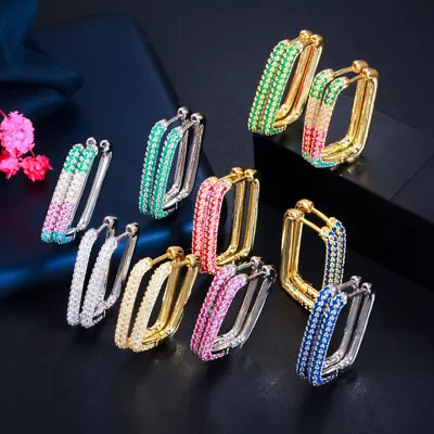 Gold Plated Multicolor CZ Micro Paved Rectangle Hoop Earrings For Women Jewelry • $6.89