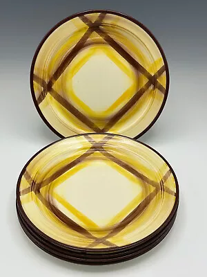 5 Retro MCM Vernonware Organdie Plates 9 3/4  Yellow Brown Plaid • $44.99