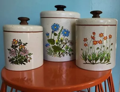 Vintage Ransburg Canister Floral Set Whimsical 3 Metal Wood Handles Made In USA • $39.99