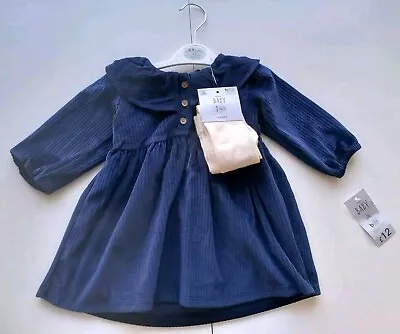 Girls Pretty Age 6-9 Month Blue Cotton Dress With Cream Tights BNWT Party Summer • £9.99