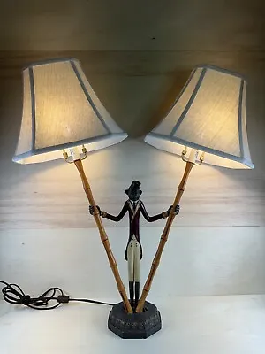 Monkey Bellhop Bamboo Solid Metal Lamp W/ New Beige Bell Shades & LED Bulbs • $299.99