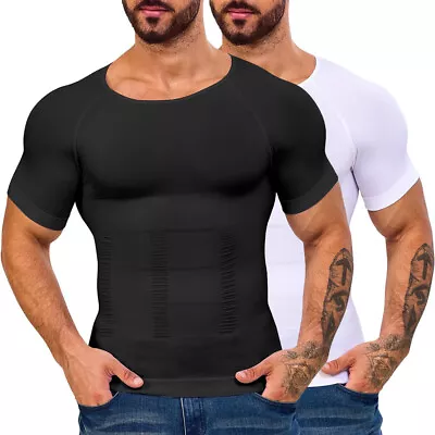 Men's Slimming Body Shaper Vest Slim Chest Belly Waist Boobs Compression T Shirt • £13.99