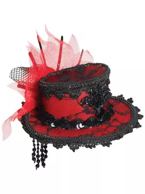 Women's Gothic Red Mini Top Hat With Black Lace Trim • $15.98