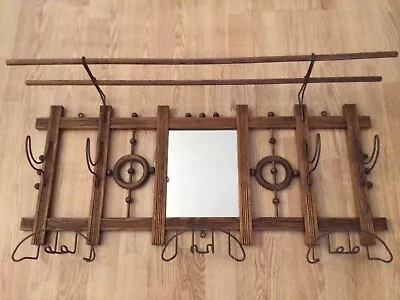 Antique Oak Stick And Ball Wall Mount Hat And Coat Rack With Mirror • $450