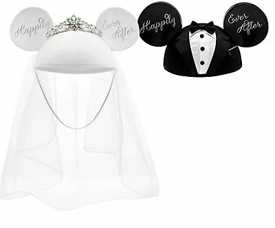 Disney Parks Wedding Bride & Groom Happily Ever After Mickey Ear Hat SET NEW • $79.95