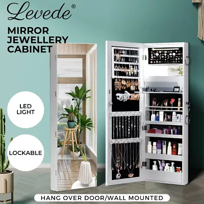 Levede Mirror Jewellery Cabinet Jewelry Box Wall Mounted Hang Over LED White • $119.99