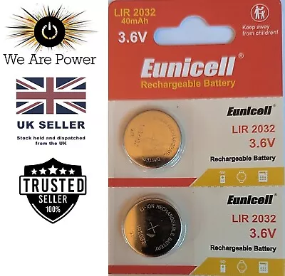 2 X Eunicell LiR2032 Rechargeable Battery Coin Button Cell Lithium-Ion 3.6V UK • £3.99