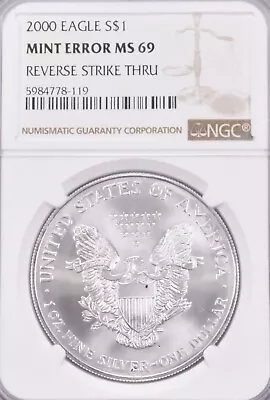 2000  AMERICAN SILVER EAGLE $1 NGC-MS69 Mint Error REVERSE STRIKE THUR • $175