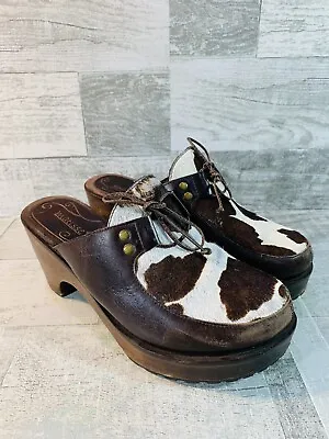 Matisse Cow Fur Clogs Womens Size 7 Brown White Laces Brass Accents Western • $39.99