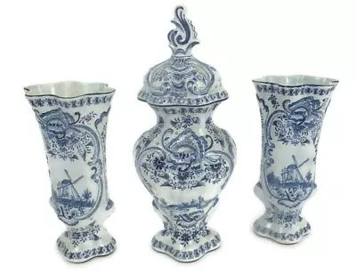 Antique  Delft Blue White Garniture Set Two Vases Urn Lidded   Extremely Rare 3  • $545