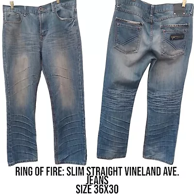 Ring Of Fire Mens Slim Straight Blue W/Whisker Pattern Vineland Ave. Jeans 36x30 • $15.99