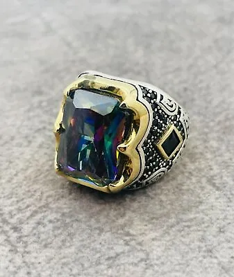 Men Mystic Topaz Square Multi Color Stone 925 Sterling Silver Ring Handmade Gift • $67.86