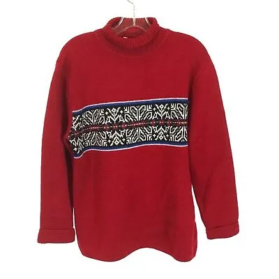Mens Size Medium Timberland Red Vintge Pure Wool Fair Isle Turtleneck Sweater • $29.99