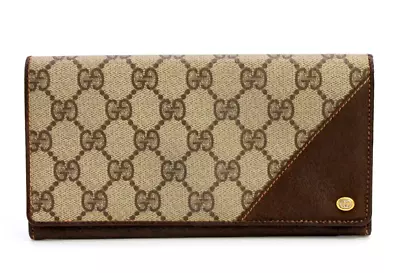 Gucci Vintage Wallet Bifold Long Card Purse GG Supreme Leather Brown Authentic • $168.99