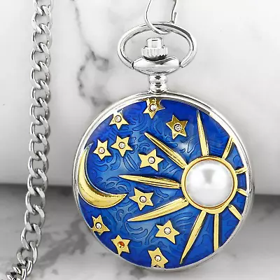 Starry Sky Pocket Watch Stars And Moon Sun Full Hunter Quartz Necklace Chain • £9.99